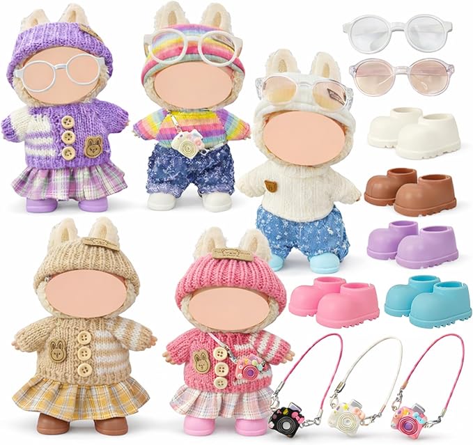 17cm Doll Clothes Outfit Set, 5 Cozy Knit Outfits with Hats, Skirts, Shorts and Doll Accessories, Perfect for Play and Display, Doll Accessories for Collectors (No Dolls)