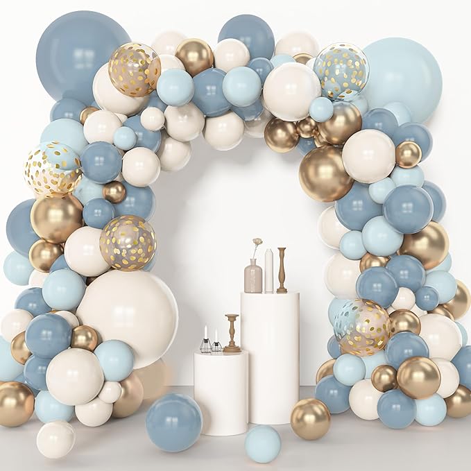 Amandir 153pcs Dusty Blue Balloon Garland Arch Kit, Different Sizes 18 12 10 5 inch Blue White Sand Latex Metallic Confetti Gold Balloons for Boys Birthday Boho Baby Shower Party Decoration Supplies