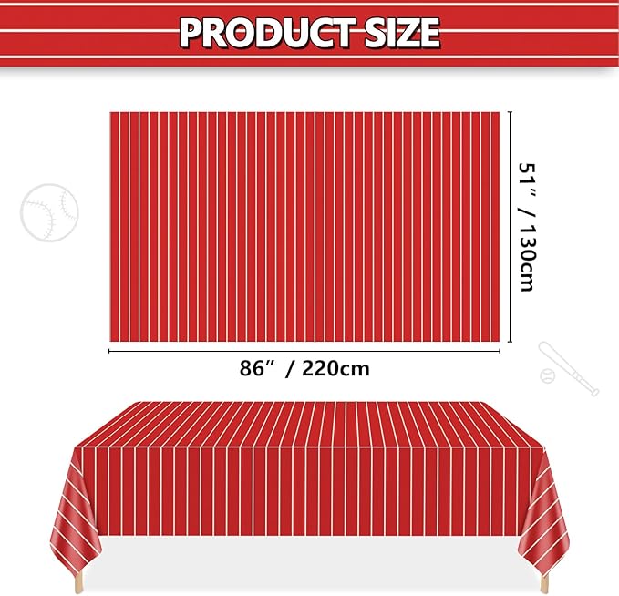 4 Pcs Plastic Baseball Tablecloths, Rectangle Red Stripe Table Cloth for Baseball Game Day Sports Theme Party Supplies, 51 x 86 Inches