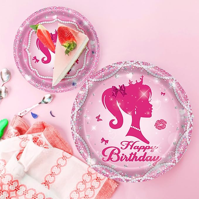 170 Pcs Girl Party Plates for Princess Pink Party Decoration, Serves 24 Guests Plates and Napkins Cup Tablecloth Dinnerware for Princess Doll Theme Girl Birthday Party Tableware (24 Guests)