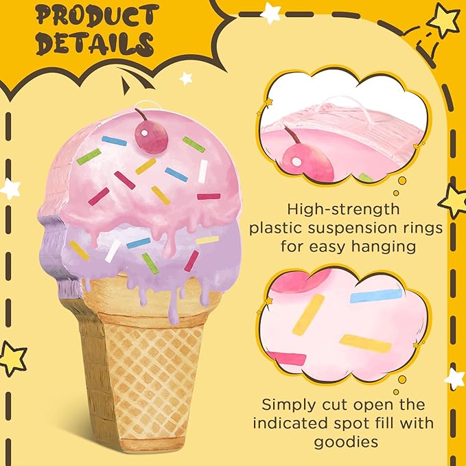 Capoda Pink Ice Cream Piñata Cute Dessert Cone Shaped Piñata with Stick Blindfold for Ice Cream Candy Birthday Party Summer Baby Shower Wedding Party Supplies Decor, 15.8 x 9.5 Inch