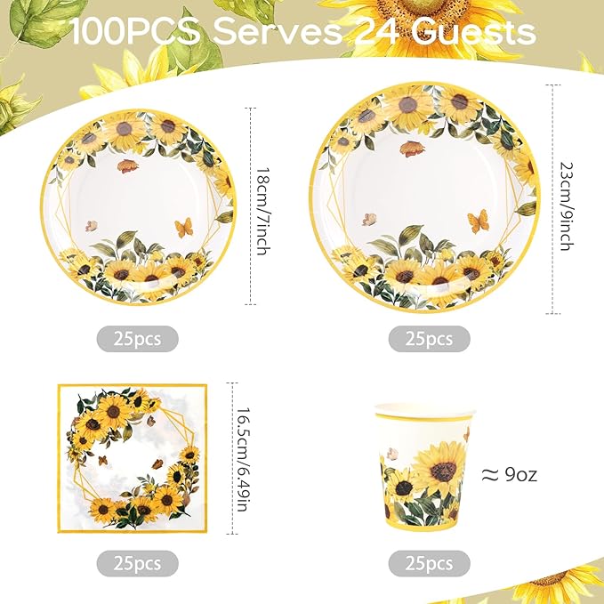 100Pcs Sunflower Paper Plates and Napkins and Cups Flower Floral Fall Party Plates for 25 Guest Wedding Baby Shower Kids Birthday Party Supplies Decoration
