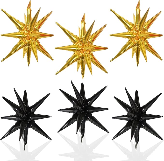6 Pcs Gold Black Star Foil Balloons One-Piece 14-Pointed Star Balloon 4D Starburst Cone Mylar Balloon 22inch Christmas Birthday Wedding Wedding Anniversary Party Supplies (Gold + Black)
