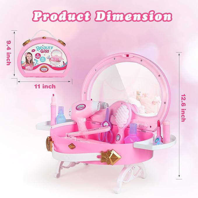 Toddler Vanity - Kids Pretend Play Princess Vanity Set with Mirror & Makeup Accessories, Lights and Music, Princess Vanity for Little Girls, Toddler Girl Toys