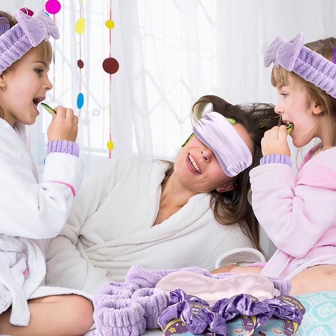 72 Pcs Spa Sleepover Party Supplies for Girls With DIY Stickers And Greeting Card Purple Headband Wristbands Eye Mask Hair Scrunchie Tote Bag Sleeping Slumber Party Favors