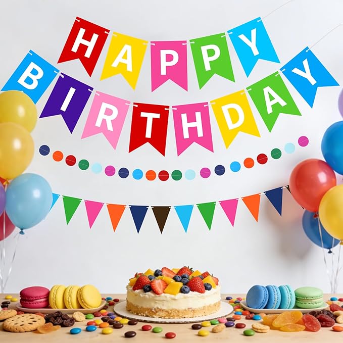 Colorful Happy Birthday Banner, Happy Birthday Decorations Hanging Birthday Sign Circle Dot Triangle Bunting for Women Men Girl Boy Party Supplies