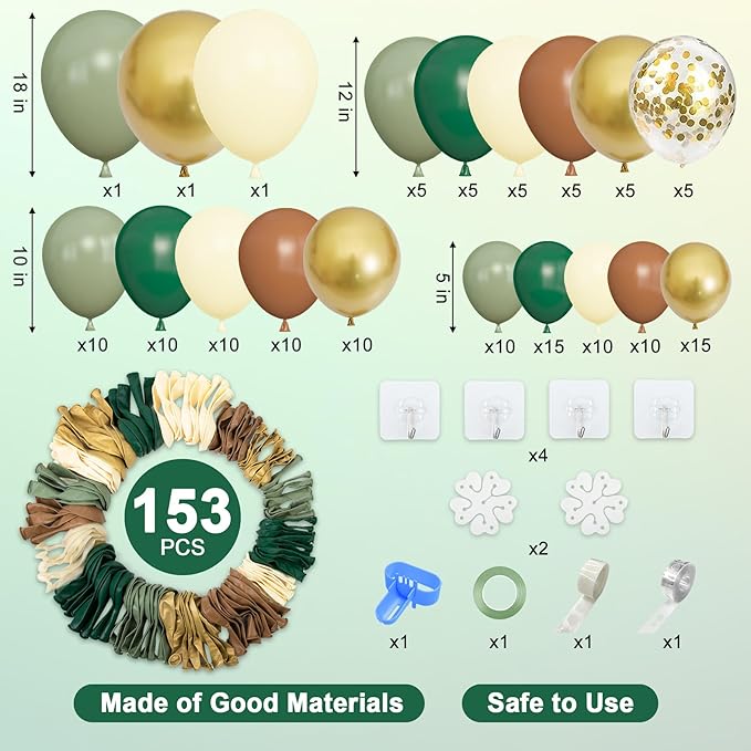 Amandir 153pcs Green Brown Balloon Garland Arch Kit, Different Sizes 18 12 10 5 inch Sage Green Ivory Gold Latex Metallic Confetti Balloon for Safari Jungle Wild One Woodland Tropical Party Decoration