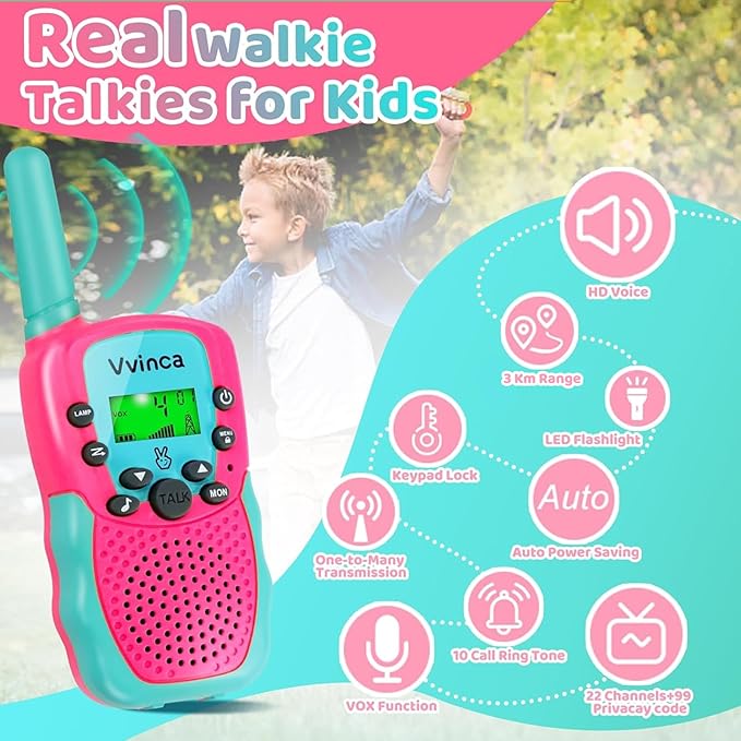Vvinca Rechargeable Walkie Talkies for Kids 4 Pack, 5-7 Year Old Boy Toys Long Range 22 Channels 2 Way Kids Walkie Talkie with Flashlight for Camping Hiking Indoor Outdoor 3 4 5 6-12 Girl Boy Gift