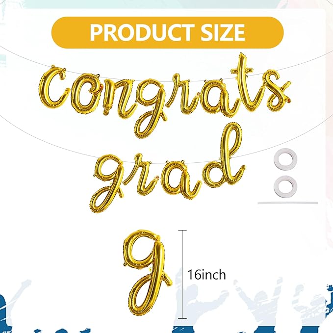 TONIFUL 2026 Congrats Grad Balloons - 16 Inch Cursive Gold Congrats Foil Balloons Banner Reusable Material for Graduation Party Graduate Congratulations 2026 Congrats Grad Decorations