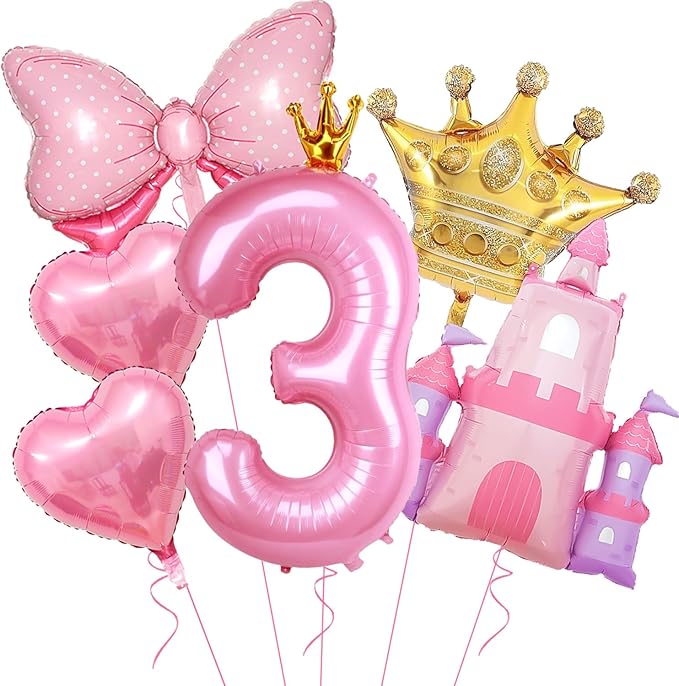Princess Balloons for 3rd Birthday Decorations for Girls Pink Castle Balloons Large Pink Crown Number 3 Balloon for Princess Birthday Party Decor Supplies