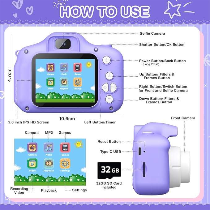 Wembley Kids Camera for Boys & Girls 3–8 Years | Digital Camera for Kids 1080P Selfie Video | Toddler Unicorn Camera Rechargeable with Games | 32GB Card | Silicone Cover | Birthday Gift - Purple