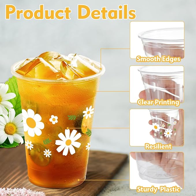 100 Pcs Daisy Plastic Disposable Party Cups, 12 oz, Retro Boho Hippie Groovy Daisy Flower Designs for Spring Birthday Party, Baby Shower, Anniversary, Daily Use