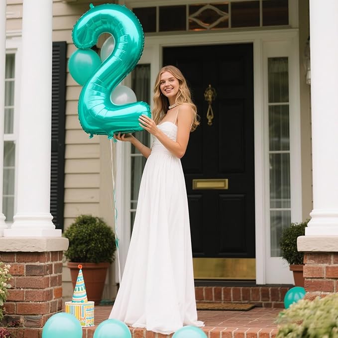 40 Inch Teal Blue Balloon Number 2 Giant Two Balloons Number Birthday Decorations, 2nd 12 20 21st Party Celebration Decorations Digital Balloon Wedding Anniversary Party Supplies