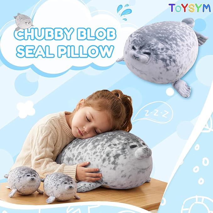 Chubby Blob Seal Pillow Cute Seal Plush with 4 Baby Plushies in Her Tummy, Soft Cotton Stuffed Animals Toy Gifts for Kids