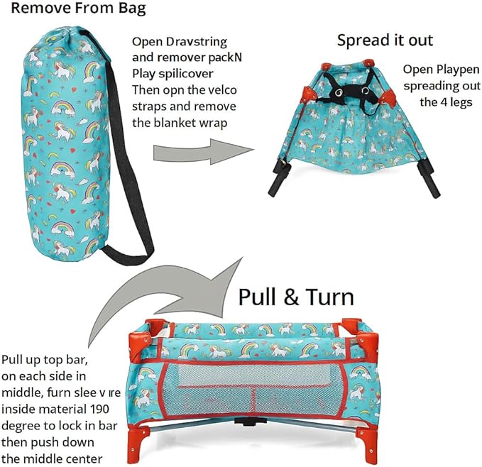 Fash n kolor® 4 Piece Doll Play Set, Doll Accessories Gift, Toy Set -Unicorn Design Includes, Doll Foldable Bed, Doll Stroller, Doll High Chair and Doll Seat, Dolls Gift Set (4 Piece Set)