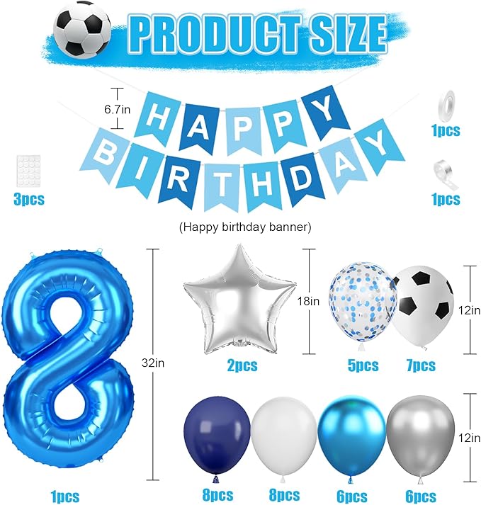 Soccer Birthday Party Decoration for Boys, 8th Soccer Birthday Decoration with Blue White Silver Balloons 'HAPPY BIRTHDAY' Banner 32in Foil 8 Balloon for Boy Kids Birthday Baby Shower Decor