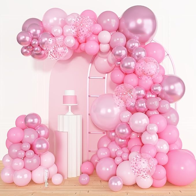 Amandir 153pcs Pink Balloon Garland Arch Kit, Different Sizes 18 12 10 5 inch Latex Pastel Metallic Pearl Light Pink Confetti Balloons for Women Princess Birthday Wedding Valentines Party Decorations