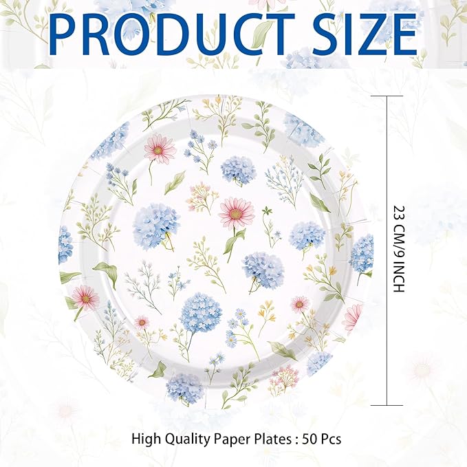 50Pcs Hydrangea Paper Plates 9 Inch Heavy Duty Blue and White Vintage Floral Dessert Plates Spring Tea Party Dinner Plate for Tea Wedding Bridal Baby Shower Birthday Bachelorette Party Decorations