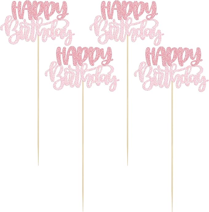 Gyufise 12Pcs Happy Birthday Centerpieces Sticks Double Sided Glitter Birthday Party Decorations Anniversary Table Flower Centerpiece for Celebrating Party Supplies Pink Light Pink