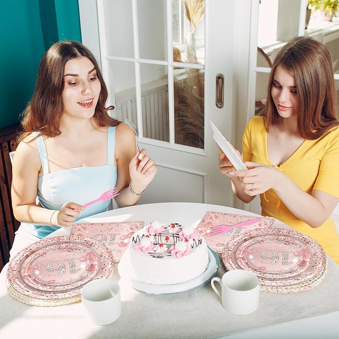 Avezano 96 Pcs Rose Gold Sweet 16 Birthday Party Paper Plates and Napkins Girls Sweet 16 Decorations Sweet Sixteen Birthday Party Disposable Paper Tableware Serve 24