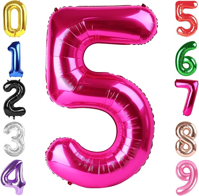40 Inch Hot Pink Number 5 Balloon, Giant 5 Number Balloons for 5th Birthday Decorations, Party Supplies for Baby Boy Girl, Hot Pink Party Decor
