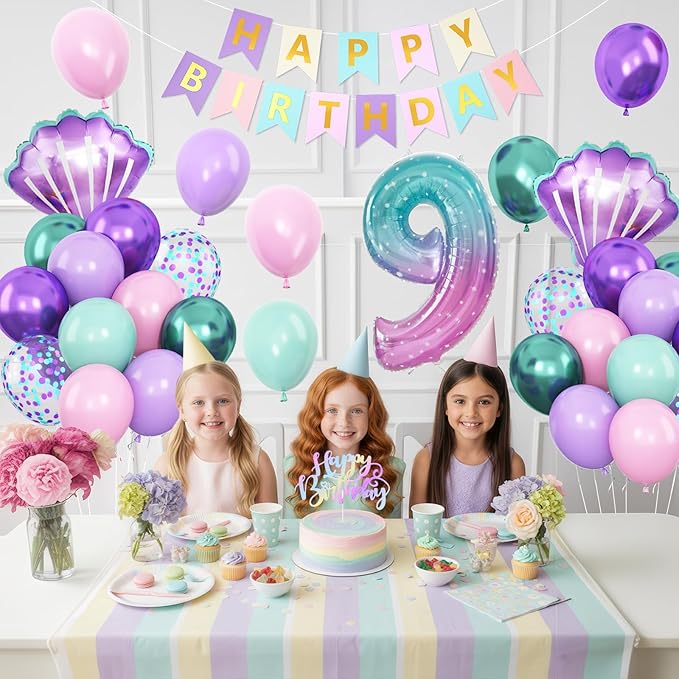 9th Mermaid Birthday Decoration,Metallic Purple Pink Green Blue Latex Balloons for Girls Party Decoration Number 9 Seashell Foil Balloons Banner Cake Topper Sea Decorations 9 Year Old Decor