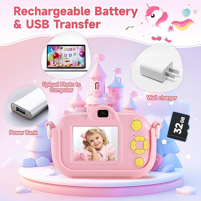 Kids Camera Kids Digital Camera for Girls Age 3-8, Video Camera for Kids with Soft Cover, Christmas, Birthday Gifts
