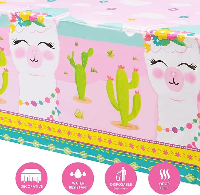 WERNNSAI 2 PCS Llama Table Cloth - Llama Birthday Decorations Alpaca and Cactus Tablecloth Cactus Party Decorations for Kids Girls Pink Birthday Party Supplies 54'' x 108''