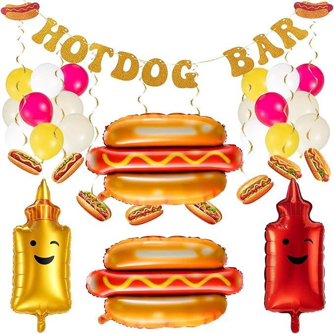 Gejoy 213 Pcs Hot Dog Party Decorations Kit - Includes 12 Pcs Hot Dog Balloons, 200 Latex Balloons & 1 Set Glitter Banner for Birthday Sausage Food Party Supplies & BBQ Celebrations