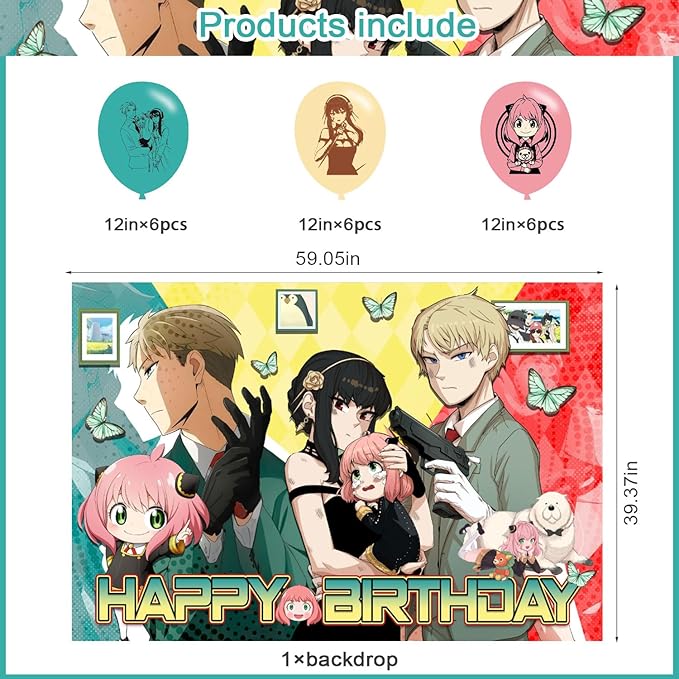 Spy Family Birthday Party Decoration,Anime Party Photo Background 5 x 3 FT and 18 Pcs Balloon,Anime Merch Party Backdrop Supplies