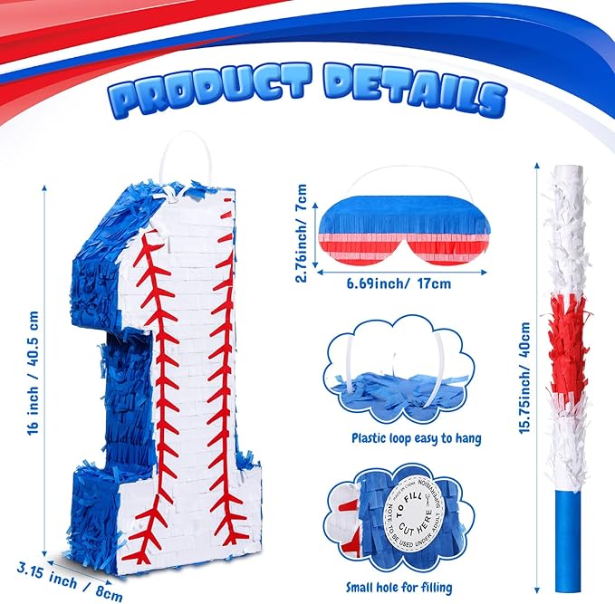 HyDren Baseball Piñata Baseball Party Decorations Number Piñata with Bat, Blindfold and Confetti, 16 Inch Sports Themed Birthday Party Supplies for Celebration Events(Number 1)