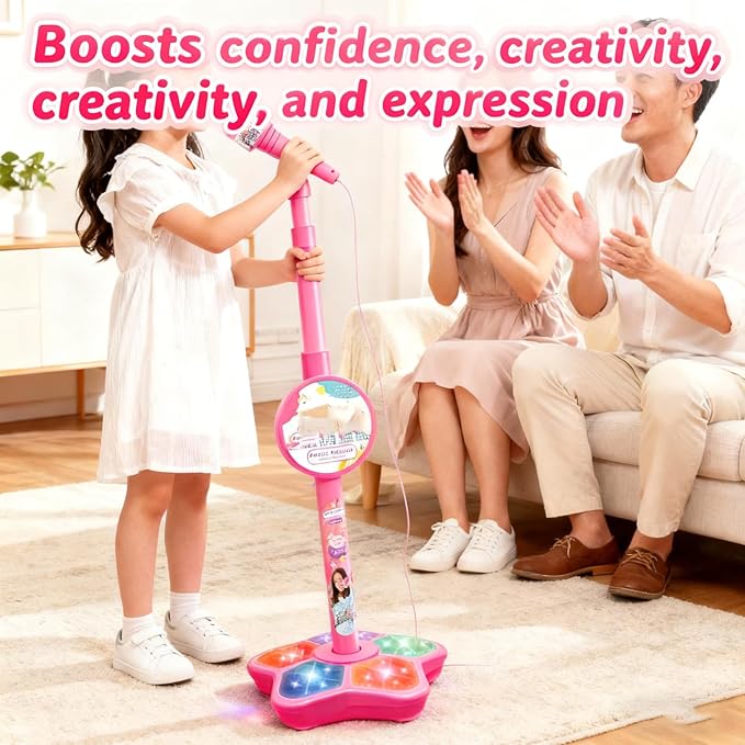 The Multifunctional Microphone Toy, Multi-Functional Microphone Toy with Adjustable Stand, Speakers and Lights, Compatible with Mobile Phones, for Christmas and Birthday (Black)
