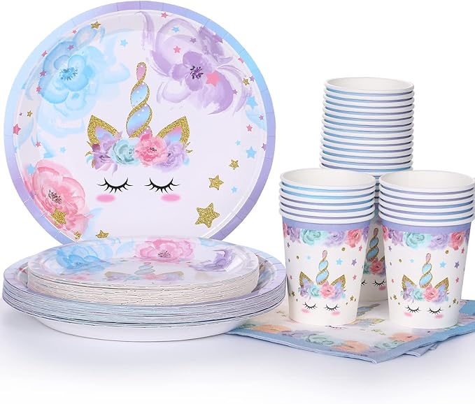 Unicorn Party Supplies Rainbow Unicorn Plates and Napkin Sets for Baby Shower First Girls Birthday Party Decorations Afternoon Tea Pool Garden Party，Serves 24