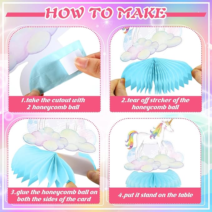 Pickmesh 12 Pcs Unicorn Birthday Party Decorations Unicorn Honeycomb Centerpieces 3D Pastel Double Sided Rainbow Cloud Cupcake Castle Table Decoration Table Topper for Princess Birthday Party Supplies