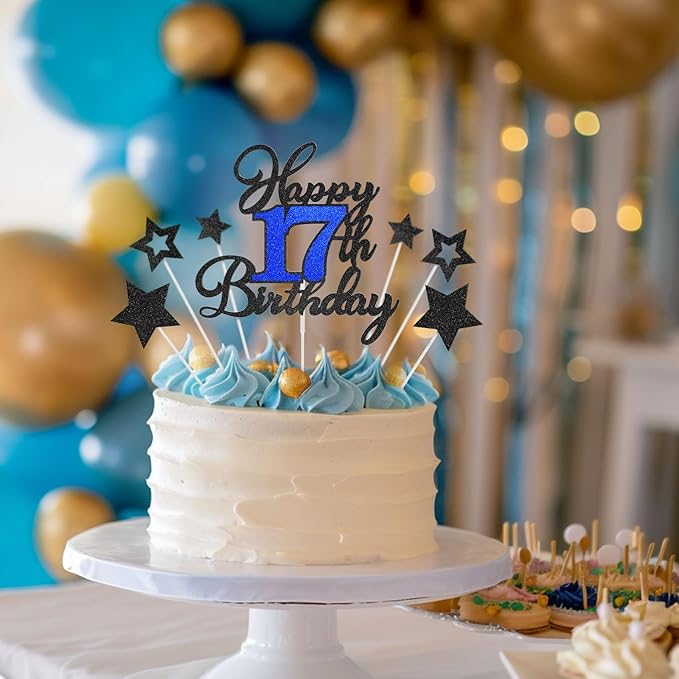 17th Birthday Cake Topper, Black Blue Happy 17th Birthday Cake Toppers for Boy Girl, 17 Years Old Birthday Party Supplies, Glitter Cake Decor, 17th Birthday Cake Decorations