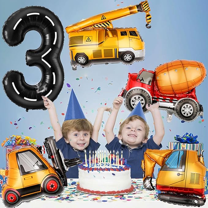 Construction Birthday Decorations 3 Year Old, Large Construction Balloons 40Inch Racetrack Black Number 3 Balloons Construction Truck Foil Balloons for Boys 3rd Construction Birthday Party Supplies