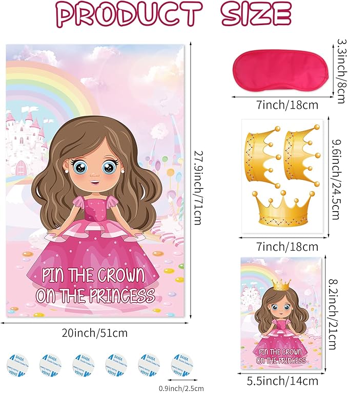 Hxezoc Pin The Crown on The Princess Party Games with 24 Pcs Crowns, Large Princess Party Games Poster for Girls Kids Birthday Party Carnival Supplies