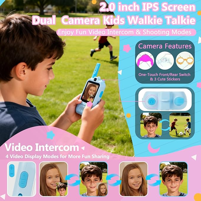 Video Walkie Talkies for Kids 2 Pack, 2.0" IPS Dual Camera with Photo Share & Voice Chat, Rechargeable Long Range with Lanyard for Indoor/Camping/Hiking, Birthday Gift Boys Girls Age 3+ (Blue/Pink)