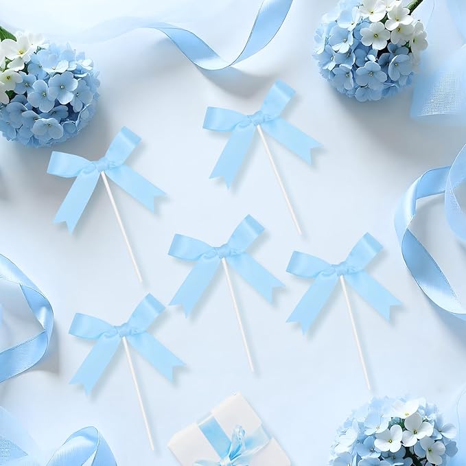 Blue Bow Birthday Decorations with Happy Birthday Sign, 6Pcs Ribbion Bow Cake Topper & 12Pcs Bow Cupcake Toppers, Bow Party Cake Decor, Tying the Knot Bridal Shower Party Supplies