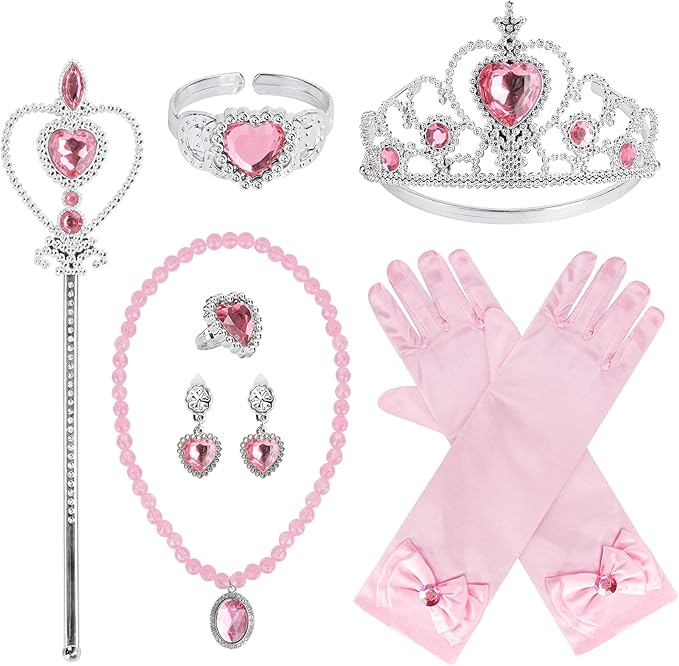 Princess Dress Up Party Accessories for Princess Costume Gloves Tiara Wand Necklace Earrings Bracelet and Ring Gift Set 9pcs (Pink, Set of 7, 9pcs)