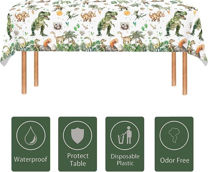2 Pcs Dinosaur Plastic Party Tablecloths 54 x 108 Inch Green Watercolor Dinosaur Table Covers for Dino Theme Kids Boys Baby Shower 1st 2nd 3rd 4th Birthday Party Supplies Table Decorations Favors
