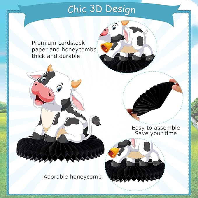 9 Pcs Cow Honeycomb Centerpieces Farm Animals Cow Table Topper Honeycomb 3D Table Decoration Barnyard Paper Fan Cow Cutouts for Children's Party Western Cowboy Baby Shower Wedding Party Supplies