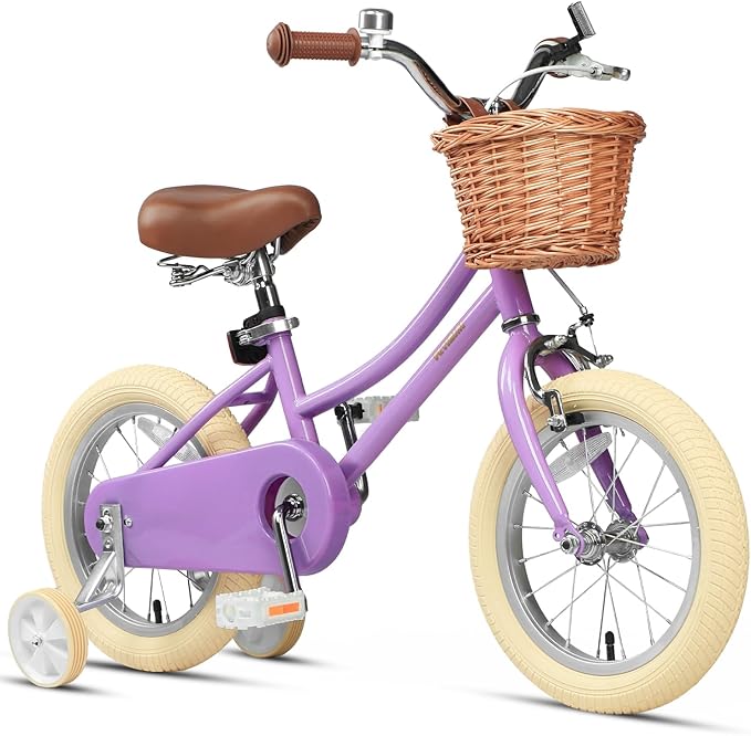 Petimini Vintage Kids Bike for Girls, 12–20 Inch Classic Bicycle with Wicker Basket & Bell, High Tensile Steel Frame, Training Wheels (12–18”), 85% Pre-Assembled, Retro Bike for Outdoor Riding