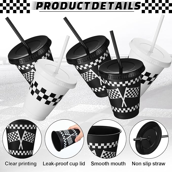 Sieral 30 Pcs Checkered Cups with Straws and Lids 16 oz Race Car Cups White Black Checkered Flag Plastic Tumblers Reusable Iced Coffee Travel Mug for Racing Party Supplies Decorations