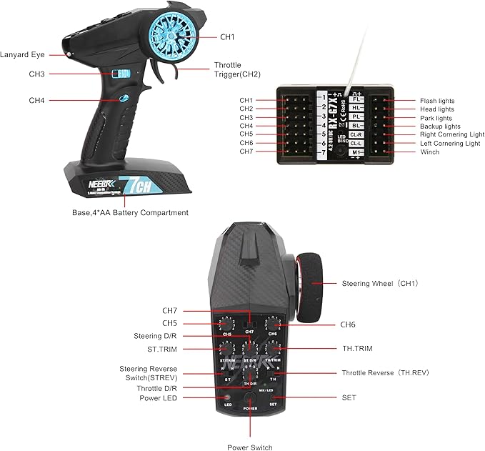 7 Channels RC Transmitter with Receiver Built-in Light Control System and 12LED Light Set, 2.4GHz Radio Remote Controller for RC Car Crawler Truck Racing Buggy Off Road On Road Boat Tank(Blue)