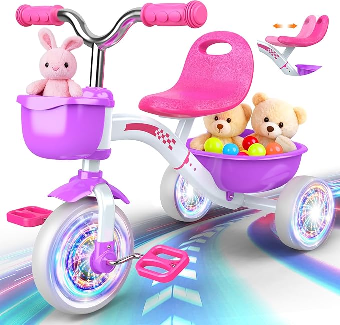 Toddler Tricycle for 1-3 3-5 Year Olds, 2 3 4 5 Year Old Girl Birthday Gifts, Purple Toddler Baby Bike, 4-Level Adjustable Seat, 3 Color Light Wheels, 2 Baskets, Outdoor Riding Toys for Ages 2-4