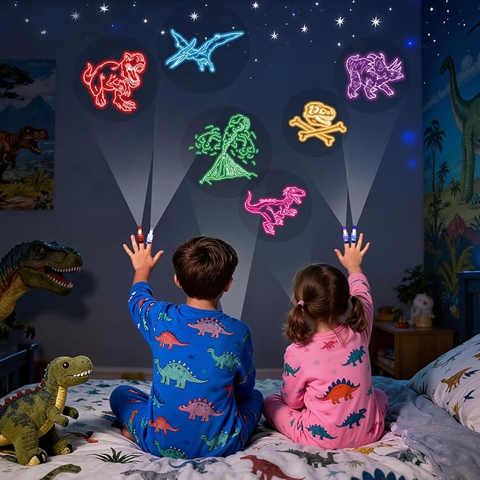 LovesTown 24PCS Dinosaur Party Favors, LED Light up Finger Lights Glow in The Dark Finger Flashlights for Birthday Party Decorations Easter Goodie Bags Fillers Classroom Prizes