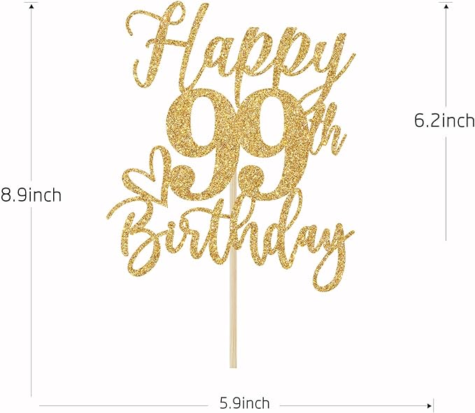 Happy 99th Birthday Cake Topper, 99th Birthday Decorations for Men/Women, Cheers to 99 Years, 99 Fabulous, 99th Happy Birthday Party Supplies Gold Glitter