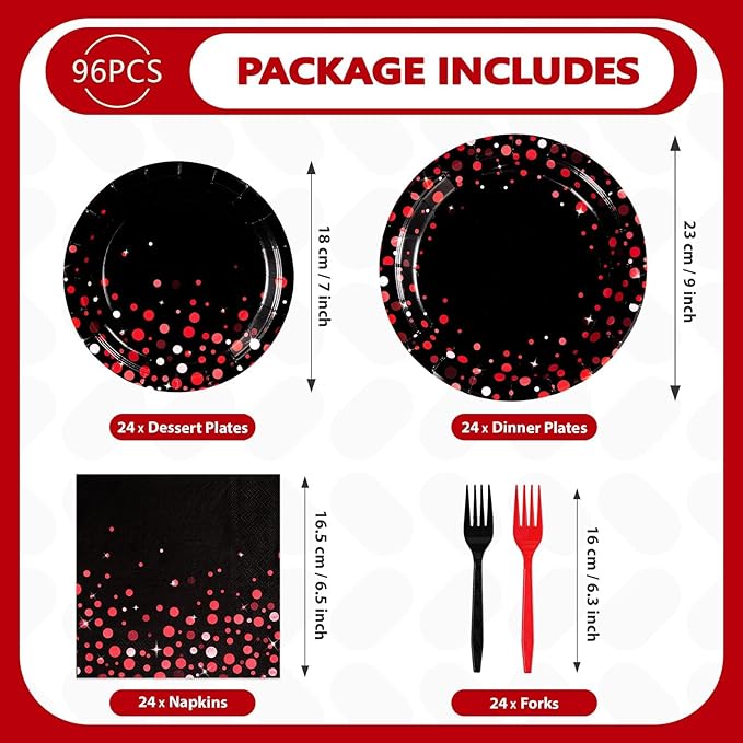 Grencian 96Pcs Black and Red Party Decorations Red Dot on Black Plates and Napkins Disposable Tableware Set for Birthday Baby Shower Wedding Party Supplies, Serves 24
