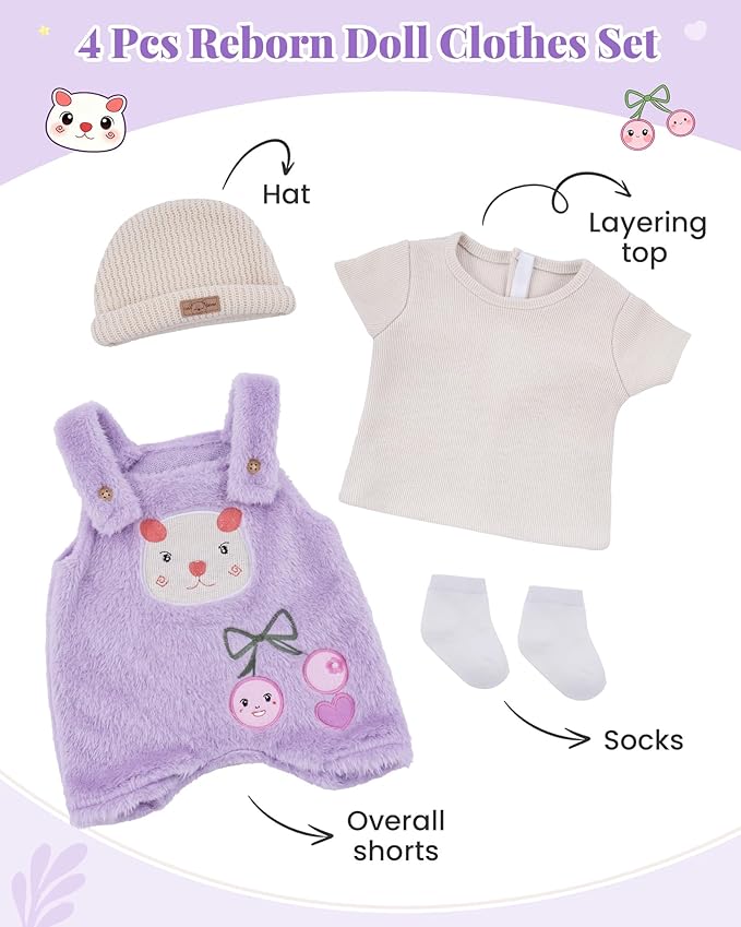 BABESIDE 4-Piece Reborn Baby Doll Clothes for 17-20 Inch Dolls, Doll Outfit Accessories with Bear Pattern fit Baby Dolls Girl, Pretend Play Accessories for Kids Boys & Girls,Purple